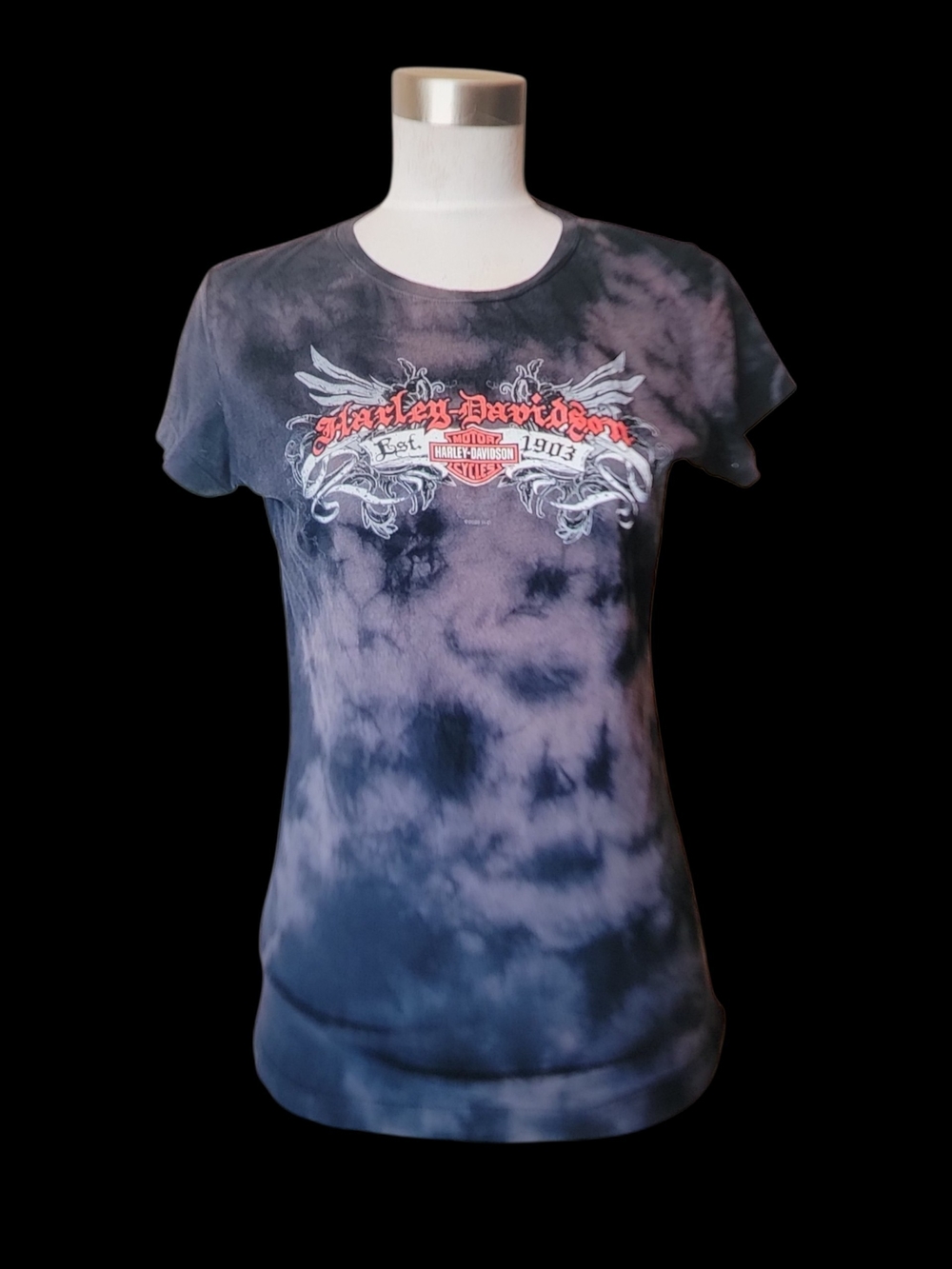 Harley-Davidson Women's size M Black & Gray Tie-Dye Graphic Tee with Red Logo